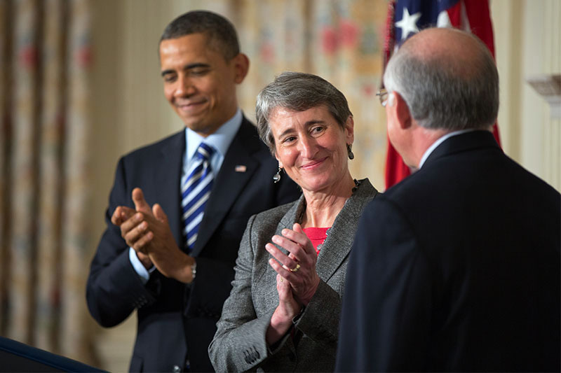 President Barack Obama and Sally Jewell applaud outgoing Interior Secretary Ken Salazar after President Obama announced Jewell as his nominee to replace Salazar, in the State Dining Room of the White House, Feb. 6, 2013. (Official White House Photo by Pete Souza)