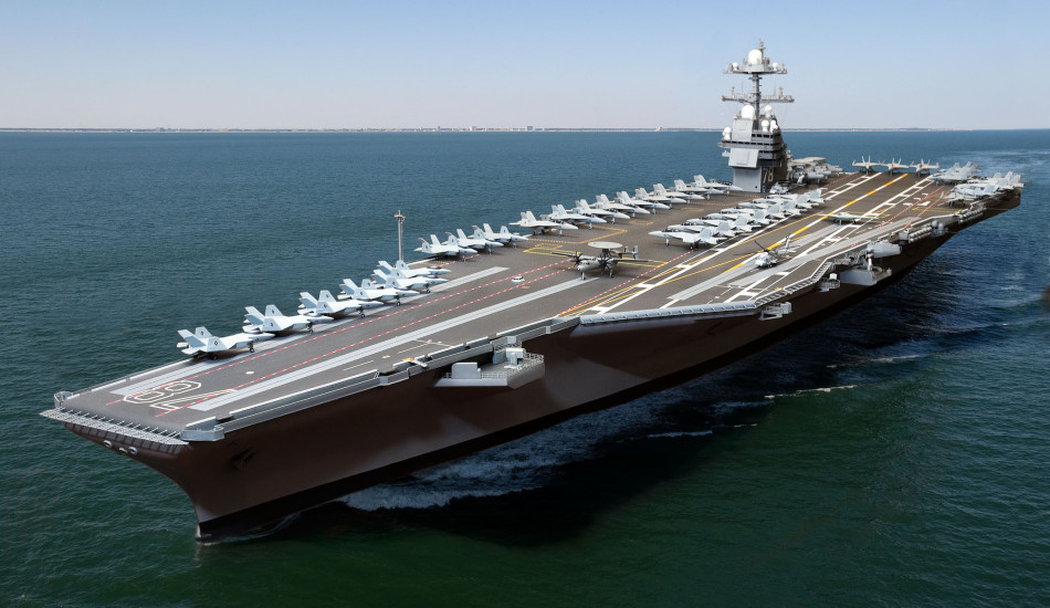 The aircraft carrier USS Gerald R. Ford CVN 78, is represented here in a combination model and live shot digital photo illustration.  The ship is the first in a new class of nuclear-powered aircraft carriers, for the US Navy under construction at Newport News Shipbuilding.