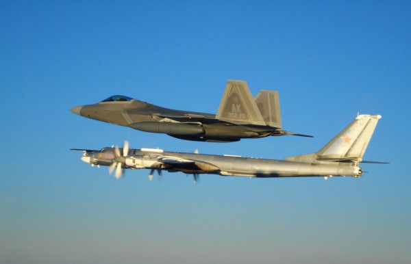 Two F-22 Raptors from 11th Air Force, 3rd Wing, based at Elmendorf Air Force Base, Alaska intercepted a pair of Russian Tu-95MS strategic bombers on November 22, 2007.  Both "Bears" belong to the 326th Heavy Bomber Air Division and are operated from Ukrainka air base.  The intercept was a first for the Raptor. (US Air Force photo)