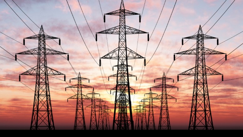 3D Electric power lines over sunrise